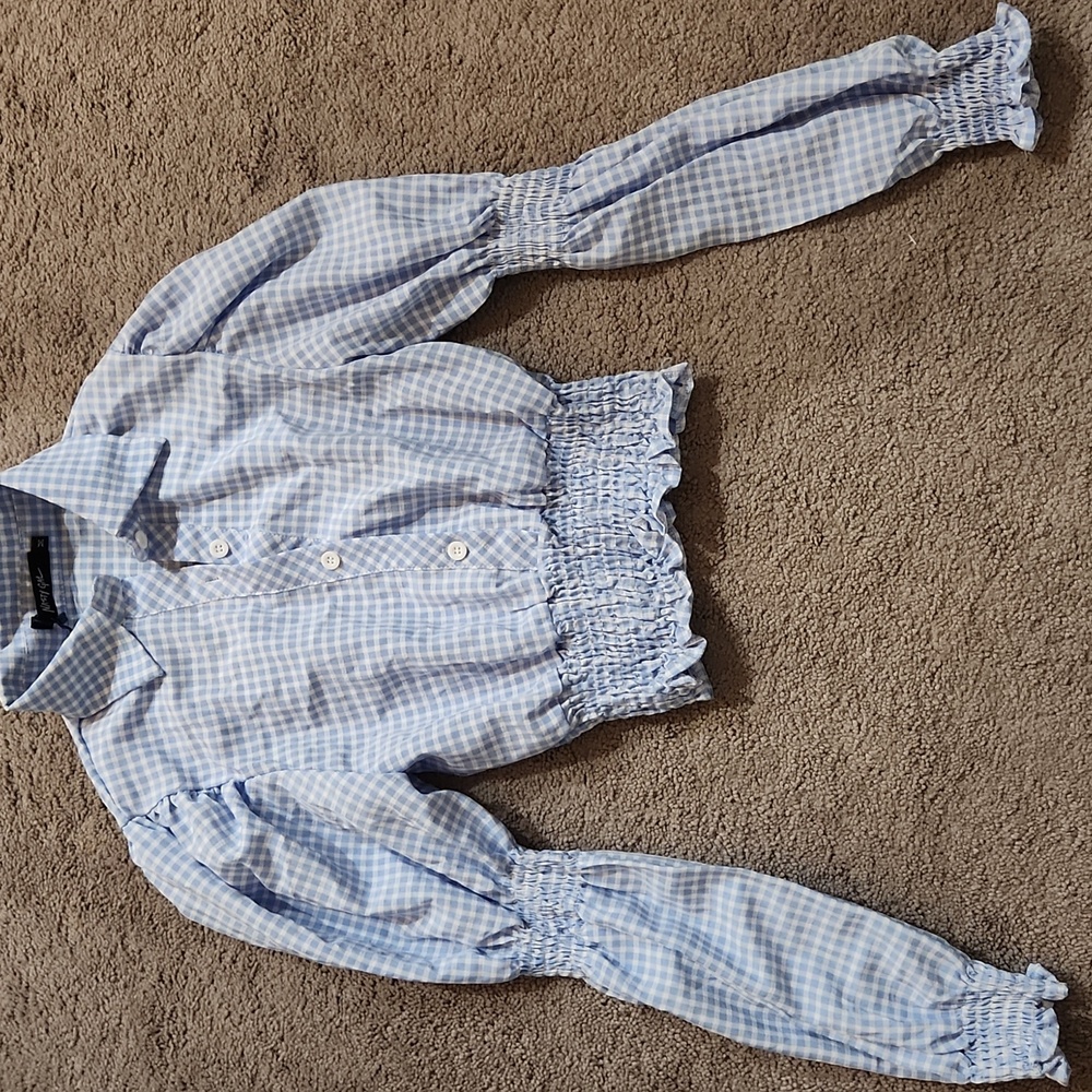 Nasty Gal Blue & White Checkered Button Crop Shirt